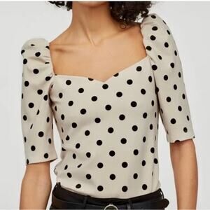 Cream and Black Polka Dot Crop Top with Puff Shoulders, Size Medium, 1301-D